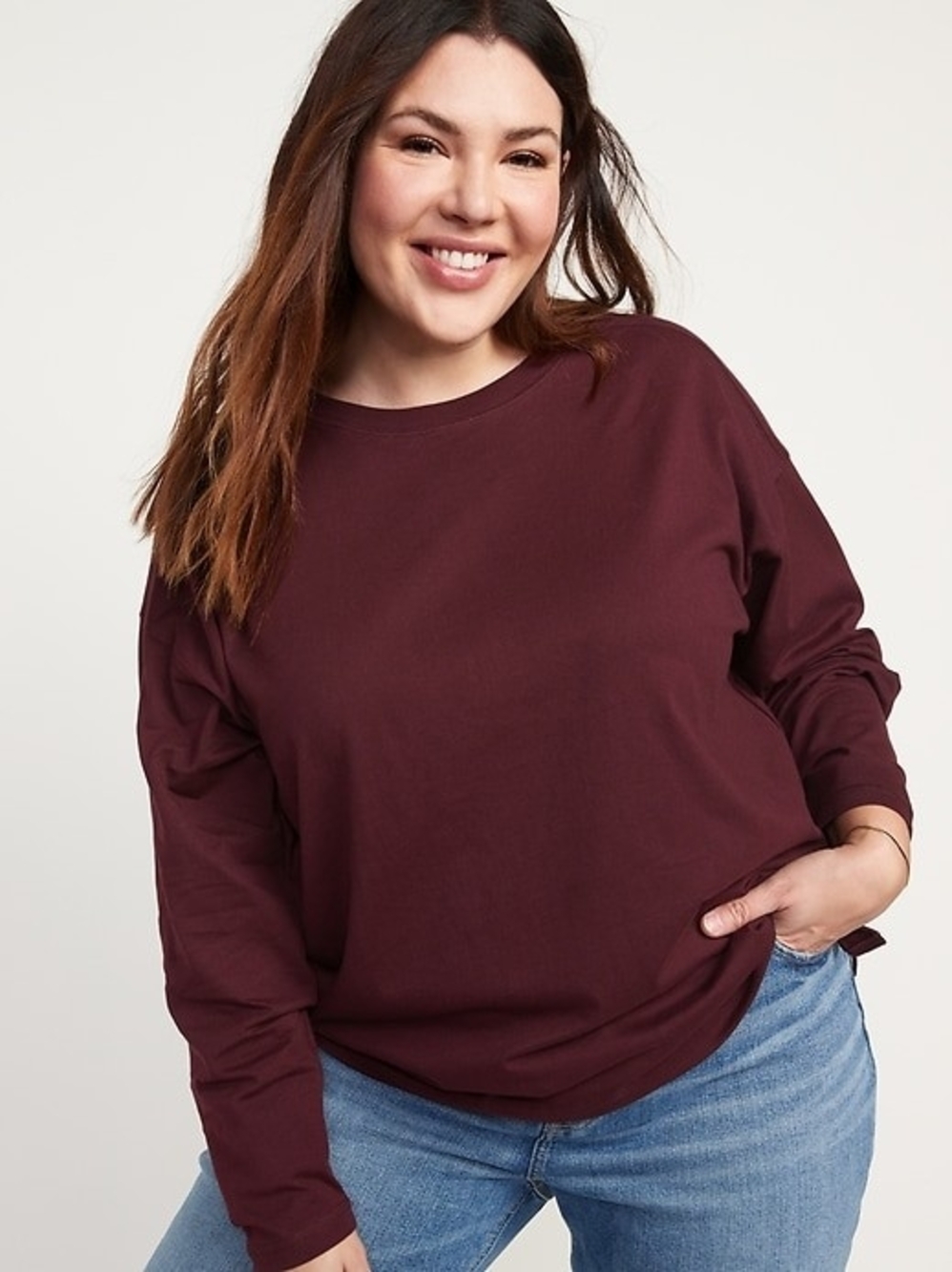 Old Navy Women's Vintage Loose Long Sleeve Crewneck Top Deep Burgundy 90s Grunge